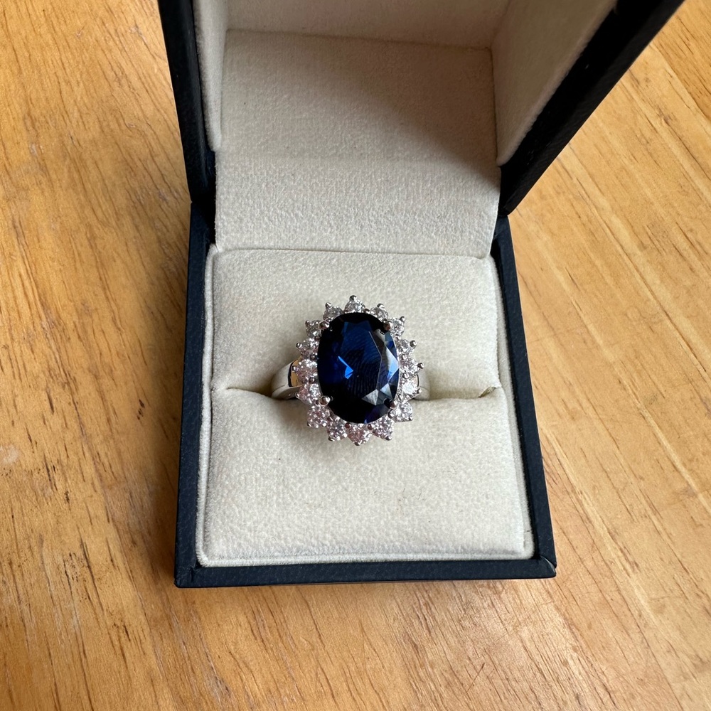 Princess, Diana Inspired Blue and White Cubic Zirconia Halo Ring